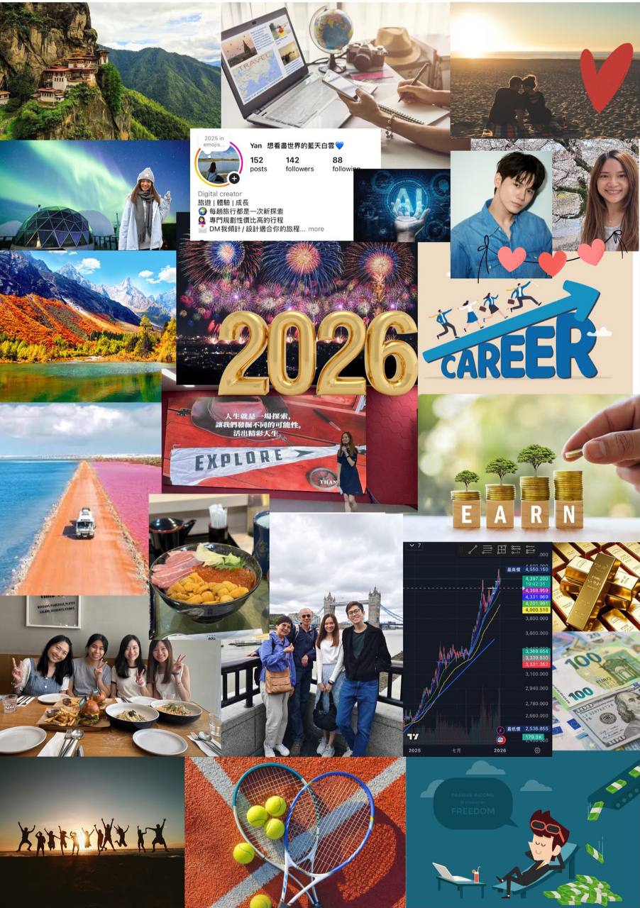 慧欣嘅 2026 Vision Board，收藏旅行、事業、自由、生活同感情願景